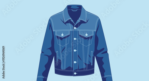 Blue Denim Jacket Isolated on Light Blue Background, Flat Design