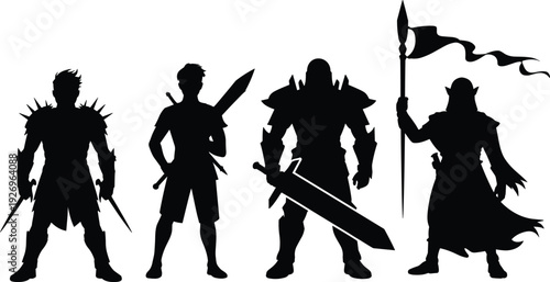 Fantasy warrior silhouettes, rogue assassin, fighter adventurer, knight tank, lancer commander, weapons, armor, cape, banner, role‑playing game design