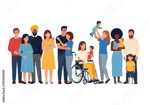Illustration of diverse group of people of different ages, ethnicities, and abilities standing together, representing community, unity, and inclusivity