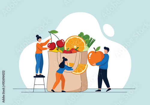 Illustration of people packing a grocery bag full of fresh fruits and vegetables, symbolizing healthy eating, organic food, and shopping for groceries