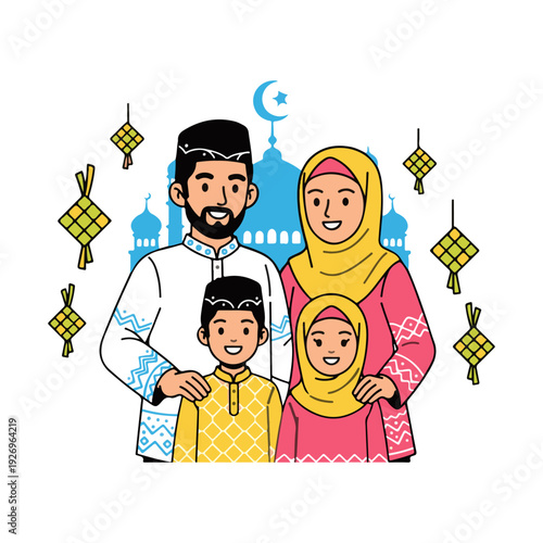Happy Muslim family visiting relatives during Eid celebration illustration from a front view