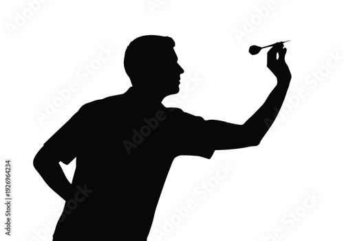 Dart player silhouette. Male figure holding a dart, focused on aiming. Precision, concentration, and sportsmanship concept.