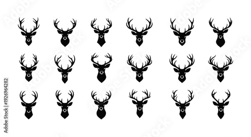 Set of black deer head silhouettes with antlers on white background hunting and wildlife icons nature symbols graphic design elements