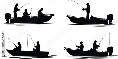 Fishing boat silhouettes, people fishing, motorboats, rods extended, water recreation, leisure activity, outdoor sport, nature design, silhouette illustration