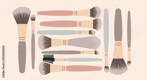 Collection of Makeup Brushes and Tools on Pastel Background
