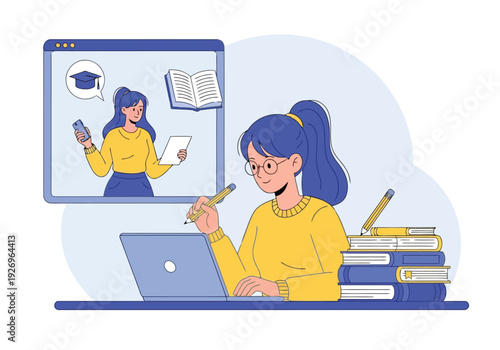 Illustration of a woman with blue hair studies online using a laptop, with a virtual instructor on a screen, surrounded by books