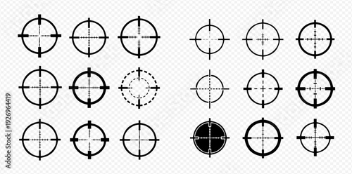 Set of various crosshair icons, target sights, and aiming marks for games and applications.