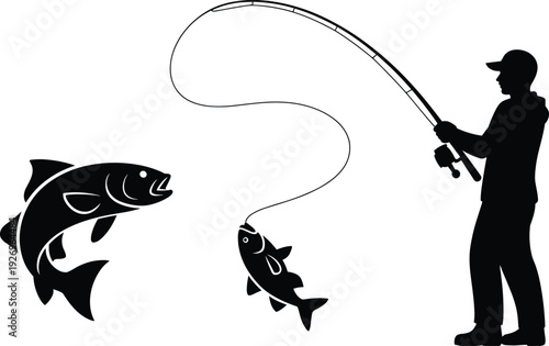 Fishing silhouette, person standing, bent rod, caught fish, larger fish nearby, outdoor activity, recreation design, nature illustration, dynamic posture
