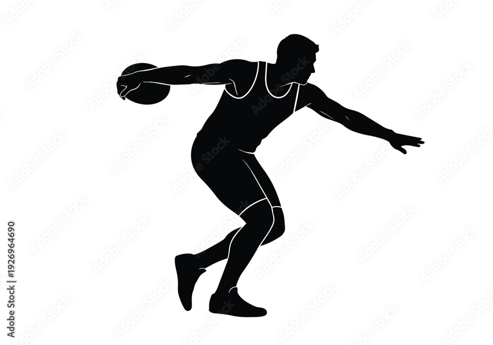 Obraz premium Discus thrower silhouette. Male athlete in action, preparing to throw. Track and field athleticism and competition concept.