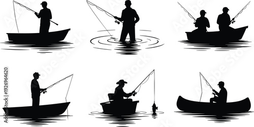 Fishing silhouettes in boat, canoe, motorboat, standing fisherman, catching fish, recreational fishing, outdoor activity, water ripple, teamwork, leisure