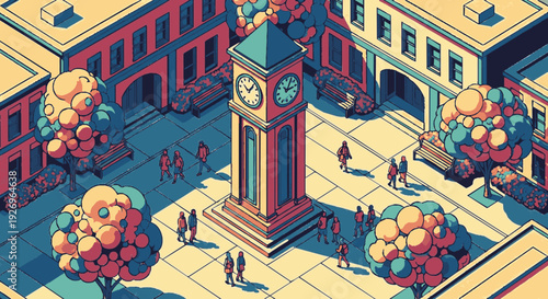 Colorful isometric illustration of a bustling town square with a central clock tower and vibrant trees