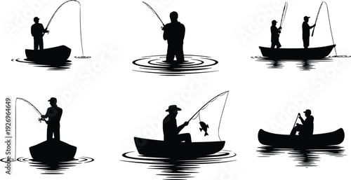 Fishing silhouettes, people fishing, boats, canoes, standing in water, caught fish, outdoor recreation, leisure activity, nature design, silhouette illustration