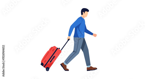 Man walking with red suitcase, travel concept illustration