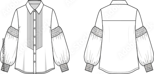 WebWomen Long Sleeve Button Down Blouse Vector Illustration with Smocked Balloon Sleeves Pleated Bib Front and Fashion Technical Flat Sketch