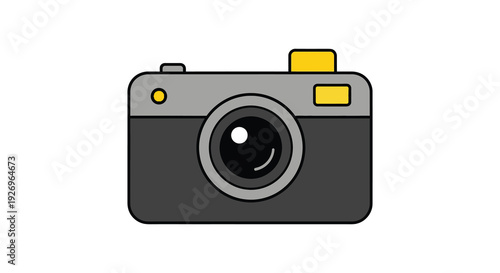 A simplistic illustration of a vintage camera with a bold red lens and yellow flash silhouette high quality professional detailed modern