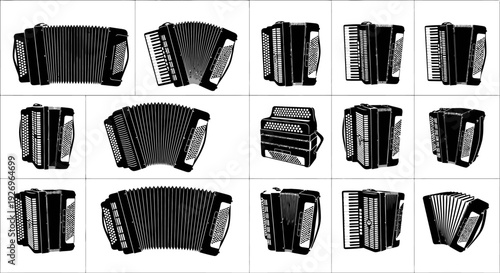 Collection of black accordions in various positions and angles on white background