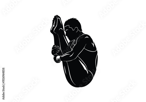 Diver or gymnast silhouette in tucked position. Athlete performing an acrobatic somersault. Concept of sport, precision, and movement.