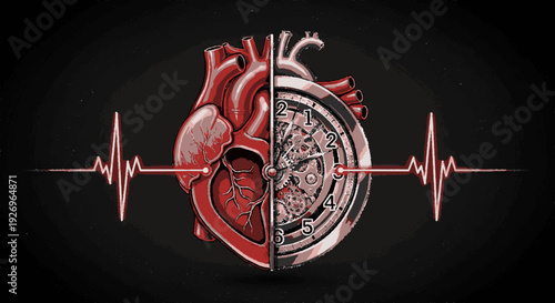 Human heart and mechanical gear fused together with pulsating heartbeat lines on dark background