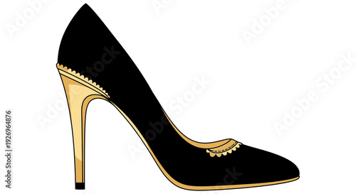 Elegant Black High Heel Shoe with Gold Accents on White Background