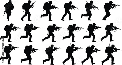 Black Military Soldier Silhouettes Set with Army Personnel Holding Rifles Running and Training for Combat War Special Forces Defense and Tactical Mission Vector Illustration