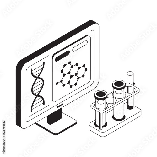 Isometric illustration of a computer displaying genetic data with lab equipment