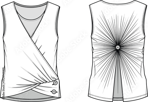 WebWomen surplice wrap sleeveless blouse fashion technical sketch, pleated back button detail vector flat, casual top front and back view