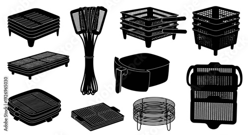 Assorted black wire racks and baskets for cooking and storage on white background
