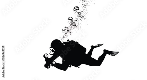 Diver silhouette vector illustration. Underwater adventurer with scuba gear and bubbles. Scuba diving, exploration, and aquatic sports concept.