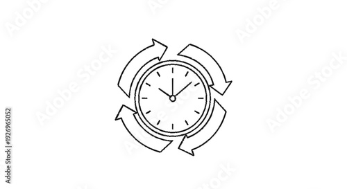 Abstract clock face with circular arrows symbolizing time management and repetitive cycles in monochromatic design