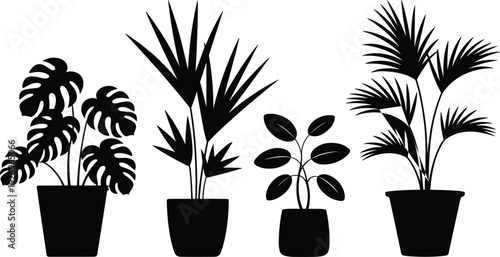 Houseplant silhouettes, decorative potted plants, Monstera leaves, palm leaves, ficus plant, indoor decor, botanical illustration, nature design, greenery, foliage