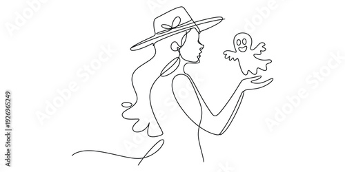 Minimalist continuous line art of woman with friendly ghost