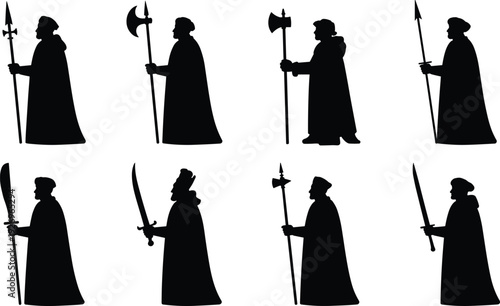 Medieval guard silhouettes, polearms, swords, cloaked figures, historical attire, ceremonial soldiers, fantasy design, weapon illustration, uniform profile art