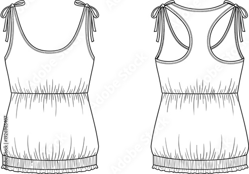 WebWomen tie shoulder strap tank top fashion technical sketch, smocked waist peplum blouse vector flat, sleeveless top front back view