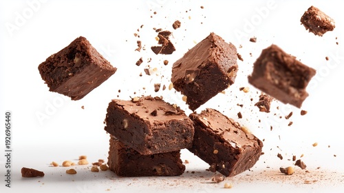 Chocolate squares fall in the air with crumbs spreading on a white background