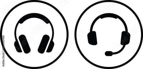 Two types of headphones, one with a microphone and one without, in a circular frame.