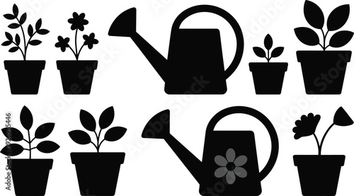 Potted plants and watering cans silhouettes set, gardening tools vector artwork, decorative foliage design graphics, botanical icons collection, home decor symbol