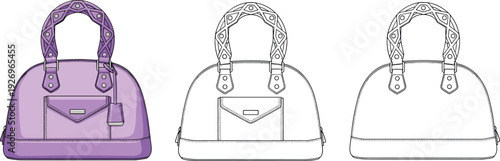 Women's Purple Dome Handbag Fashion Technical Sketch, Luxury Purse Tote with Decorative Handle, Front View CAD Drawing Flat Vector Illustration
