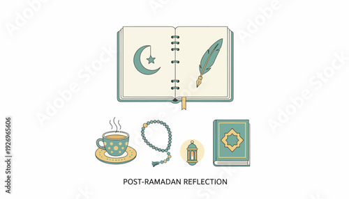 A serene collection of elements representing spiritual introspection and cultural reflection following a period of sacred devotion and fasting