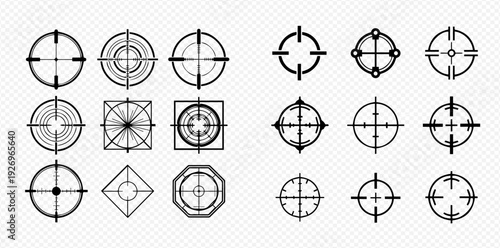 Set of various crosshair icons, aiming targets for games, military, and shooting applications, isolated on transparent background.