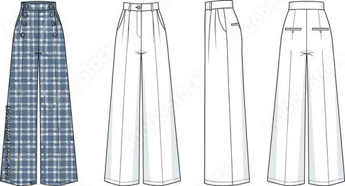 Women's High Waisted Wide Leg Trousers Fashion Technical Sketch, Plaid and Solid Pants, Front Side Back View CAD Drawing Flat Vector Illustration