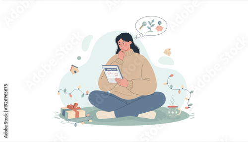 Thoughtful woman planning future goals and new ventures amidst festive decorations, reflecting on ideas for personal growth and creativity