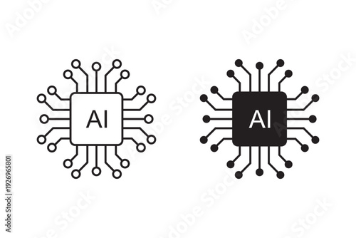 AI chip icon vector  Filled and outline symbol. Artificial intelligence chip icon set. AI processor vector icon design. Computer circuit board or AI chip icon.