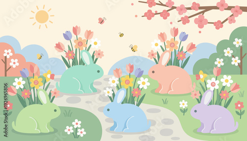 Adorable Pastel Bunnies in a Blooming Spring Garden with Bees and Flowers