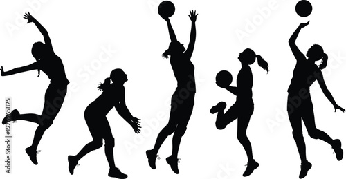 Volleyball player silhouettes, women athletes, jumping pose, serving action, spiking motion, dynamic stances, sports illustration, athletic design, recreation art
