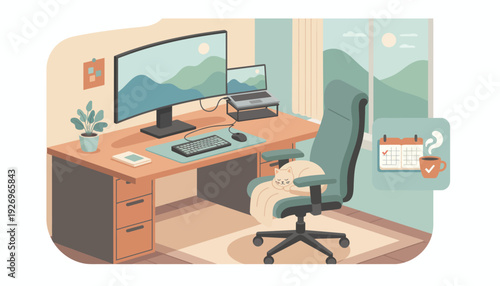 Flat vector illustration of a home office setup with a desk, computer, chair, and window view