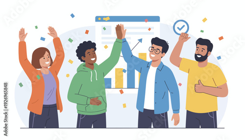 Celebrating Success Diverse Team High-Fiving and Cheering Amidst Confetti and a Positive Growth Chart