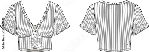 WebWomen's v-neck ruffled crop top technical fashion sketch, ribbed flutter sleeve blouse template, front and back view, apparel vector illustration.