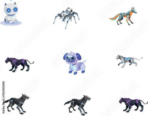 Collection of Robotic Animals Featuring Mechanical Dogs, Cybernetic Panthers, and Tech-Inspired Pets