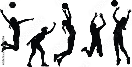 Volleyball silhouettes, dynamic poses, athletes jumping, spiking ball, blocking ball, receiving ball, sports action, teamwork, energy, motion, competitive play