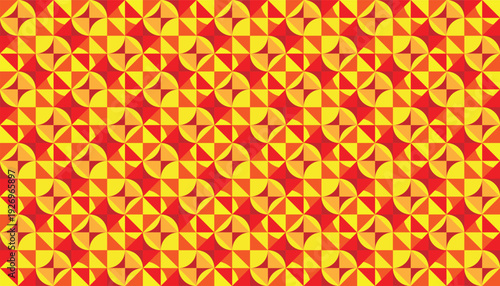 Vibrant sunburst geometric seamless pattern with energetic yellow and red mosaic motifs